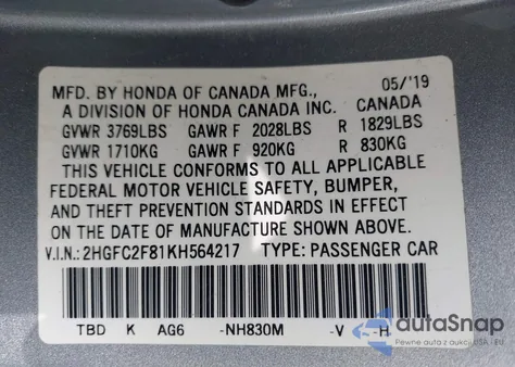 2019 Honda Civic Sport из США, поврежденный, VIN 2HGFC2F81KH564217